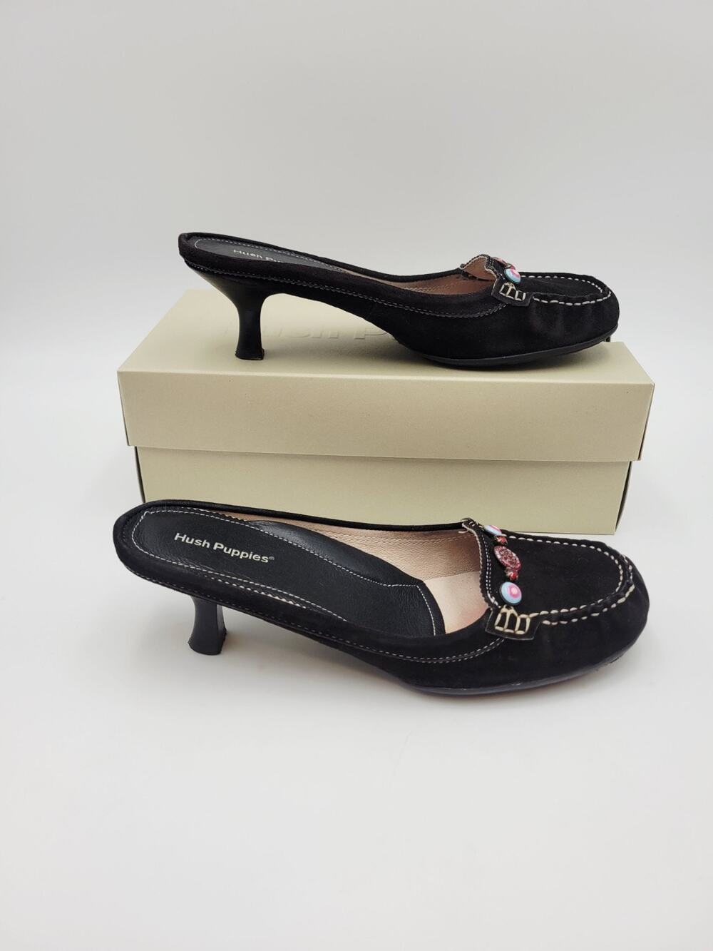 Hush Puppies Brilliant Slip On Mule Slides Sz 8 Black Suede Beads Kitten Heels